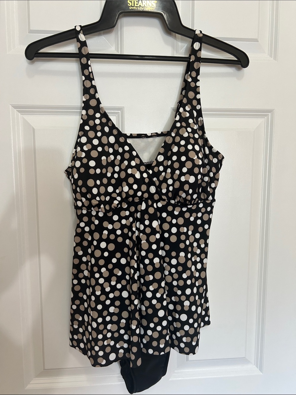 Polka Dot V-Neck Tankini Top in Black, White & Beige